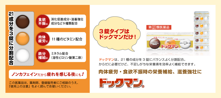 ドックマン（第[２]類医薬品）ドックマンは、３つの成分群を３錠にバランスよく分散配合。からだに必要だけど、不足しがちな栄養素を効率よく補給できます。※この医薬品は,薬剤師,登録販売者に相談のうえ、「使用上の注意」をよく読んでお使い下さい。