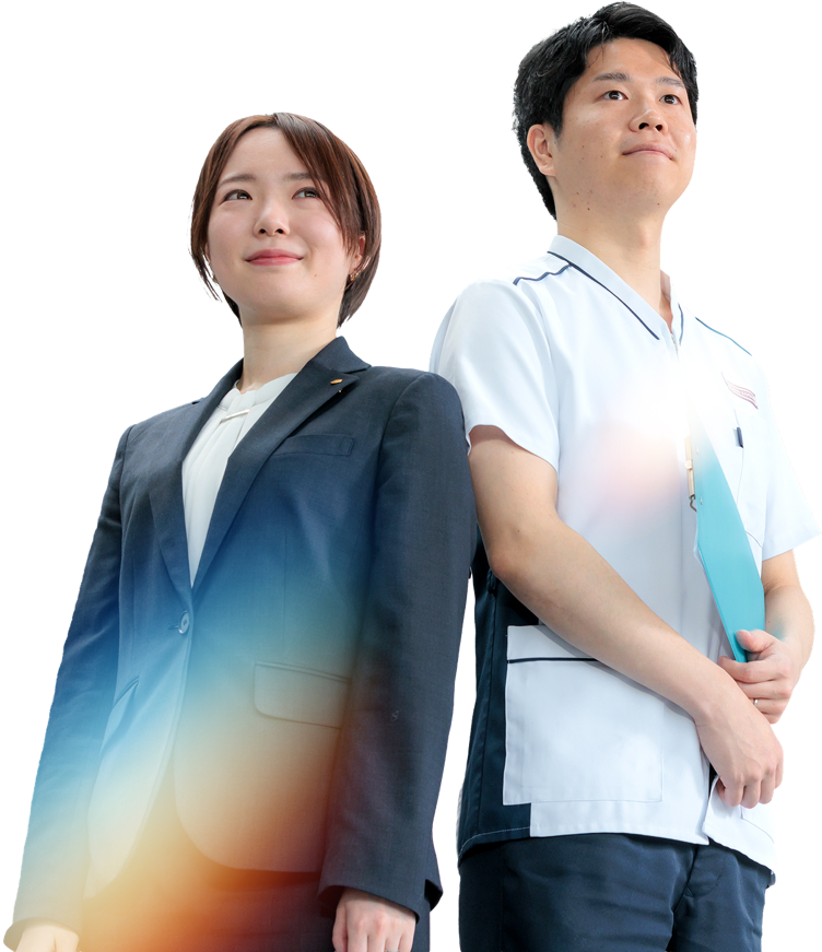 スーツ姿の女性社員と白衣の男性社員