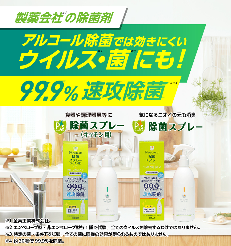 製薬会社(※1)の除菌剤 アルコール除菌では効きにくいウイルス(※2)・菌(※3)にも! 99.9%速攻除菌(※3、※4)(※1)全薬工業株式会社(※2)エンベロープ型・非エンベロープ型各1種で試験。全てのウイルスを除去するわけではありません。(※3)特定の菌・条件下で試験。全ての菌に同様の効果が得られるものではありません(※4)約30秒で99.9%を除菌。